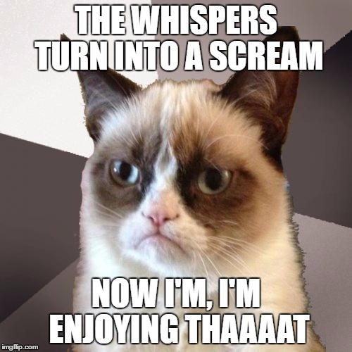 Musically Malicious Grumpy Cat | THE WHISPERS TURN INTO A SCREAM; NOW I'M, I'M ENJOYING THAAAAT | image tagged in musically malicious grumpy cat | made w/ Imgflip meme maker