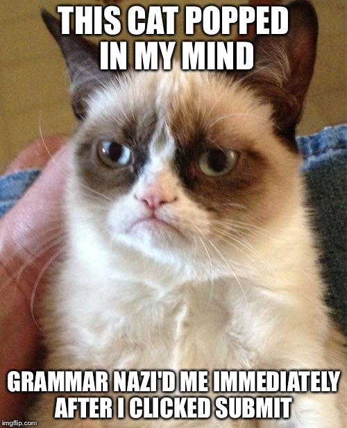 Grumpy Cat Meme | THIS CAT POPPED IN MY MIND GRAMMAR NAZI'D ME IMMEDIATELY AFTER I CLICKED SUBMIT | image tagged in memes,grumpy cat | made w/ Imgflip meme maker