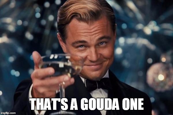 Leonardo Dicaprio Cheers Meme | THAT'S A GOUDA ONE | image tagged in memes,leonardo dicaprio cheers | made w/ Imgflip meme maker