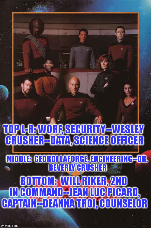 For Future Reference | TOP L-R: WORF, SECURITY--WESLEY CRUSHER--DATA, SCIENCE OFFICER BOTTOM:  WILL RIKER, 2ND IN COMMAND--JEAN LUC PICARD, CAPTAIN--DEANNA TROI, C | image tagged in memes,star trek | made w/ Imgflip meme maker