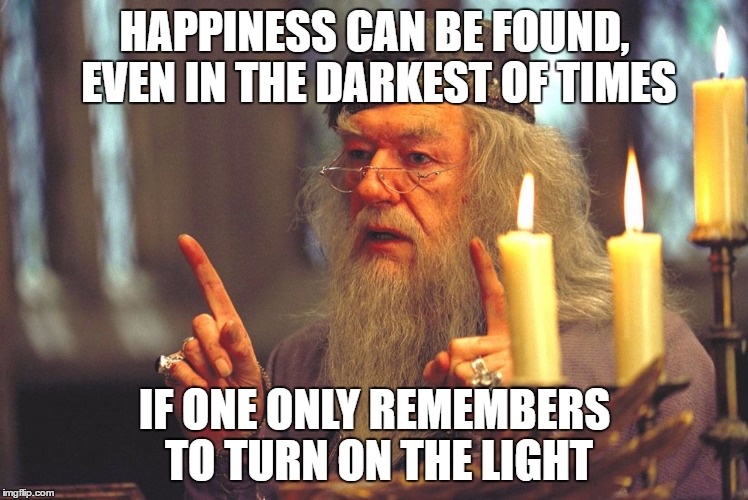 Dumbledore | HAPPINESS CAN BE FOUND, EVEN IN THE DARKEST OF TIMES; IF ONE ONLY REMEMBERS TO TURN ON THE LIGHT | image tagged in dumbledore | made w/ Imgflip meme maker