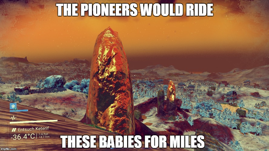 No Man's Rock | THE PIONEERS WOULD RIDE; THESE BABIES FOR MILES | image tagged in no man's sky,giant,golden,turds,everywhere | made w/ Imgflip meme maker