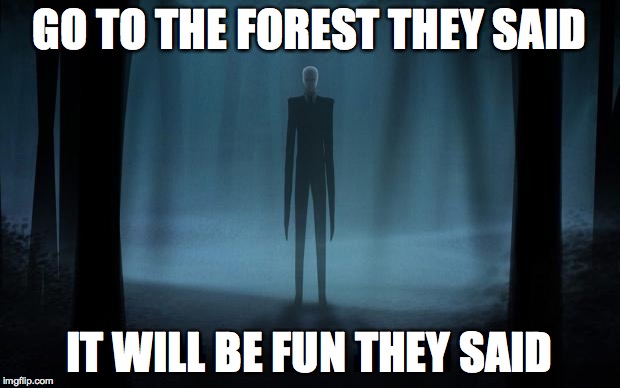Slenderman | GO TO THE FOREST THEY SAID; IT WILL BE FUN THEY SAID | image tagged in slenderman | made w/ Imgflip meme maker
