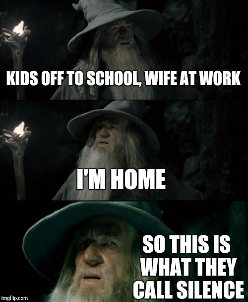 Confused Gandalf | KIDS OFF TO SCHOOL, WIFE AT WORK; I'M HOME; SO THIS IS WHAT THEY CALL SILENCE | image tagged in memes,confused gandalf | made w/ Imgflip meme maker