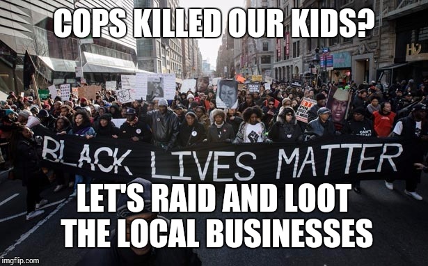 Black lives matter | COPS KILLED OUR KIDS? LET'S RAID AND LOOT THE LOCAL BUSINESSES | image tagged in black lives matter | made w/ Imgflip meme maker
