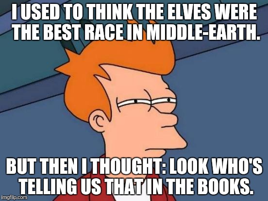 Futurama Fry Meme | I USED TO THINK THE ELVES WERE THE BEST RACE IN MIDDLE-EARTH. BUT THEN I THOUGHT: LOOK WHO'S TELLING US THAT IN THE BOOKS. | image tagged in memes,futurama fry | made w/ Imgflip meme maker