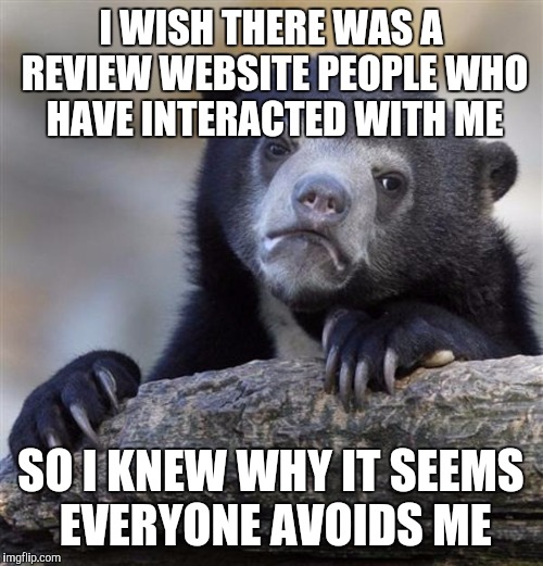 sad bear | I WISH THERE WAS A REVIEW WEBSITE PEOPLE WHO HAVE INTERACTED WITH ME; SO I KNEW WHY IT SEEMS EVERYONE AVOIDS ME | image tagged in sad bear | made w/ Imgflip meme maker