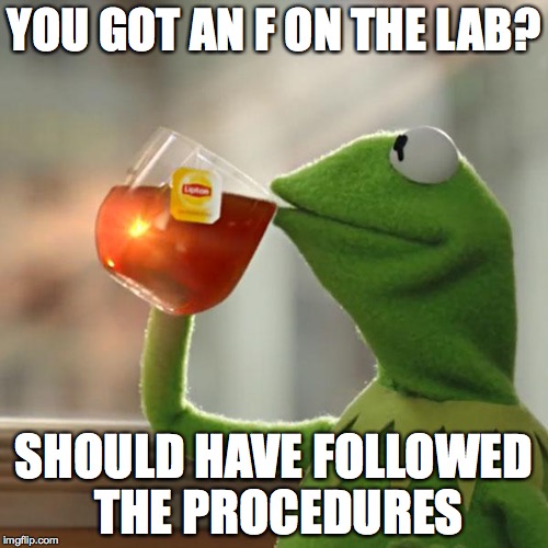 But That's None Of My Business Meme | YOU GOT AN F ON THE LAB? SHOULD HAVE FOLLOWED THE PROCEDURES | image tagged in memes,but thats none of my business,kermit the frog | made w/ Imgflip meme maker