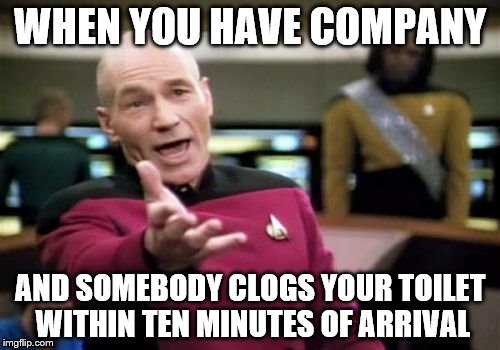 I can't be the only one this has happened to. | WHEN YOU HAVE COMPANY; AND SOMEBODY CLOGS YOUR TOILET WITHIN TEN MINUTES OF ARRIVAL | image tagged in memes,picard wtf | made w/ Imgflip meme maker