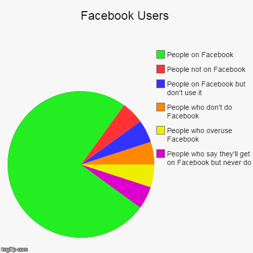 Facebook Users | People who say they'll get on Facebook but never do, People who overuse Facebook, People who don't do Facebook, People on F | image tagged in funny,pie charts,facebook,people | made w/ Imgflip chart maker