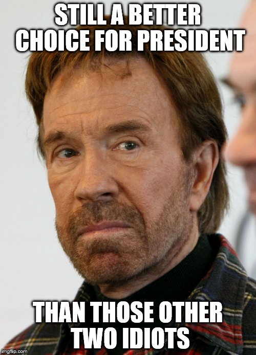 Chuck for president | STILL A BETTER CHOICE FOR PRESIDENT; THAN THOSE OTHER TWO IDIOTS | image tagged in chuck norris mad face,president,election,memes | made w/ Imgflip meme maker