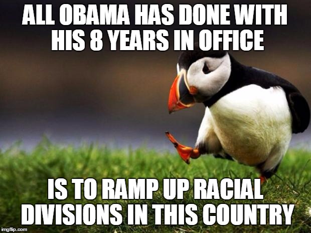 Unpopular Opinion Puffin | ALL OBAMA HAS DONE WITH HIS 8 YEARS IN OFFICE; IS TO RAMP UP RACIAL DIVISIONS IN THIS COUNTRY | image tagged in memes,unpopular opinion puffin | made w/ Imgflip meme maker