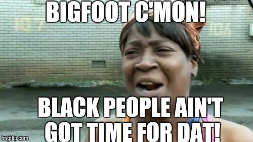 Ain't Nobody Got Time For That | BIGFOOT C'MON! BLACK PEOPLE AIN'T GOT TIME FOR DAT! | image tagged in memes,aint nobody got time for that | made w/ Imgflip meme maker