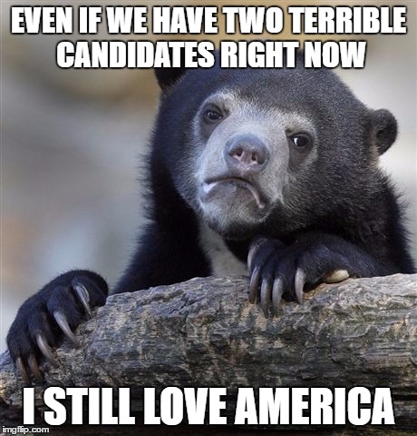Confession Bear | EVEN IF WE HAVE TWO TERRIBLE CANDIDATES RIGHT NOW; I STILL LOVE AMERICA | image tagged in memes,confession bear | made w/ Imgflip meme maker