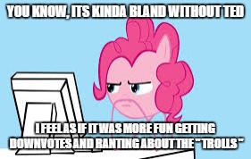 YOU KNOW, ITS KINDA BLAND WITHOUT TED; I FEEL AS IF IT WAS MORE FUN GETTING DOWNVOTES AND RANTING ABOUT THE " TROLLS " | made w/ Imgflip meme maker