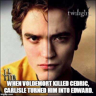 cedric diggory to edward cullen | WHEN VOLDEMORT KILLED CEDRIC, CARLISLE TURNED HIM INTO EDWARD. | image tagged in cedric diggory to edward cullen | made w/ Imgflip meme maker