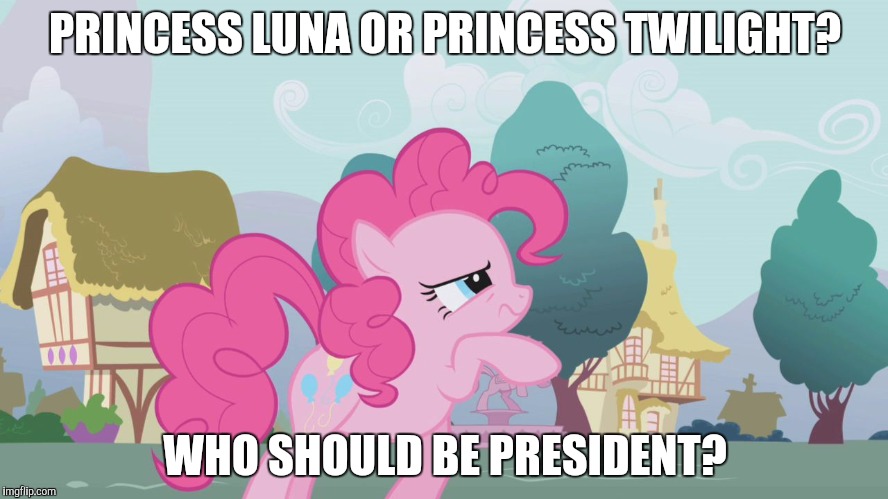 Hard thinking Pinkie | PRINCESS LUNA OR PRINCESS TWILIGHT? WHO SHOULD BE PRESIDENT? | image tagged in hard thinking pinkie | made w/ Imgflip meme maker