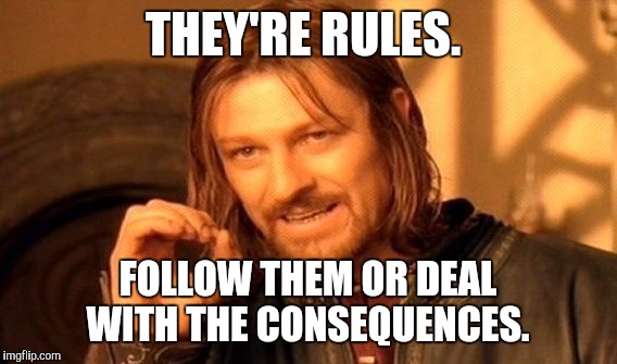 One Does Not Simply Meme | THEY'RE RULES. FOLLOW THEM OR DEAL WITH THE CONSEQUENCES. | image tagged in memes,one does not simply | made w/ Imgflip meme maker