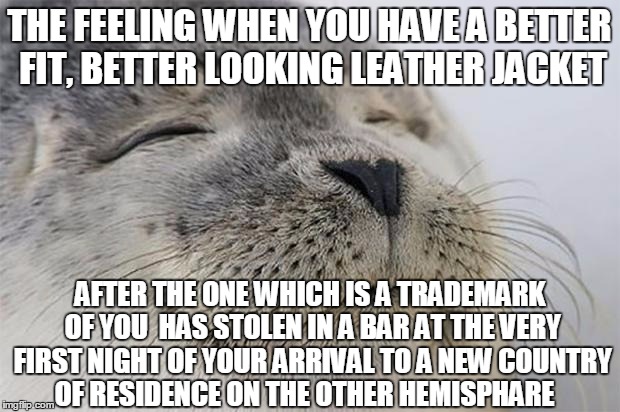 Satisfied Seal | THE FEELING WHEN YOU HAVE A BETTER FIT, BETTER LOOKING LEATHER JACKET; AFTER THE ONE WHICH IS A TRADEMARK OF YOU
 HAS STOLEN IN A BAR AT THE VERY FIRST NIGHT OF YOUR ARRIVAL TO A NEW COUNTRY OF RESIDENCE ON THE OTHER HEMISPHARE | image tagged in memes,satisfied seal | made w/ Imgflip meme maker