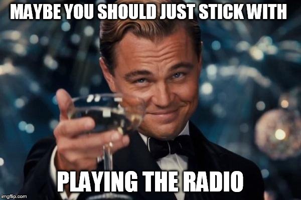 Leonardo Dicaprio Cheers Meme | MAYBE YOU SHOULD JUST STICK WITH PLAYING THE RADIO | image tagged in memes,leonardo dicaprio cheers | made w/ Imgflip meme maker