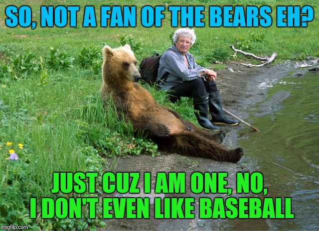 SO, NOT A FAN OF THE BEARS EH? JUST CUZ I AM ONE, NO, I DON'T EVEN LIKE BASEBALL | made w/ Imgflip meme maker