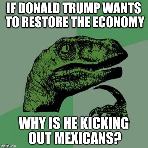 Philosoraptor | IF DONALD TRUMP WANTS TO RESTORE THE ECONOMY; WHY IS HE KICKING OUT MEXICANS? | image tagged in memes,philosoraptor | made w/ Imgflip meme maker