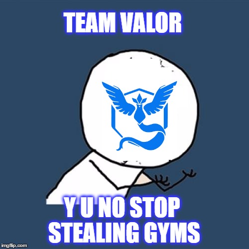 Y U No Meme | TEAM VALOR; Y U NO STOP STEALING GYMS | image tagged in memes,y u no,pokemon go,team mystic,team valor | made w/ Imgflip meme maker