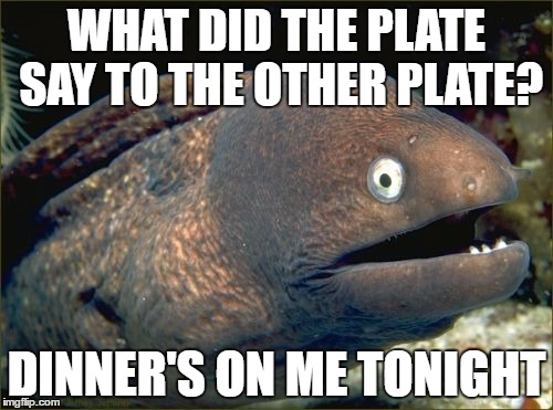 Bad Joke Eel Meme | WHAT DID THE PLATE SAY TO THE OTHER PLATE? DINNER'S ON ME TONIGHT | image tagged in memes,bad joke eel | made w/ Imgflip meme maker