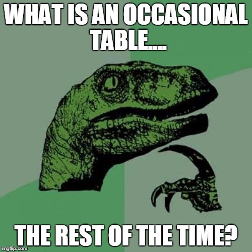 Philosoraptor Meme | WHAT IS AN OCCASIONAL TABLE.... THE REST OF THE TIME? | image tagged in memes,philosoraptor | made w/ Imgflip meme maker