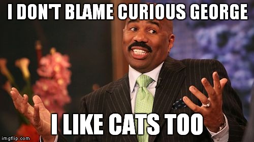 I DON'T BLAME CURIOUS GEORGE I LIKE CATS TOO | image tagged in memes,steve harvey | made w/ Imgflip meme maker