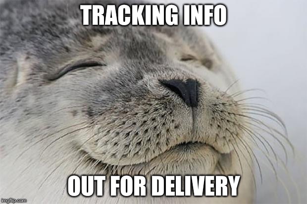 When you ordered something from overseas a month ago | TRACKING INFO; OUT FOR DELIVERY | image tagged in memes,satisfied seal | made w/ Imgflip meme maker