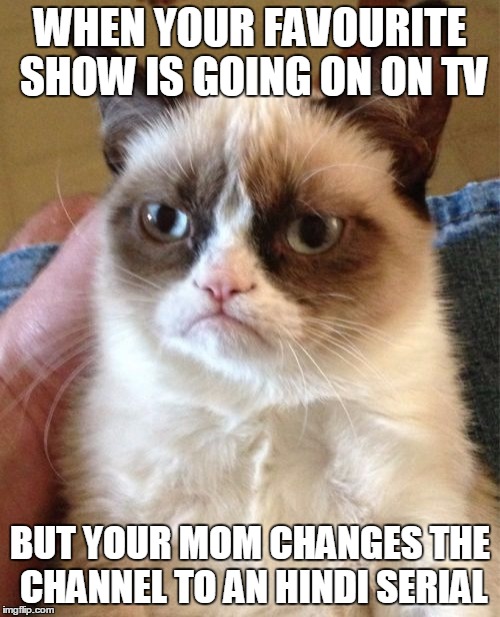 Grumpy Cat | WHEN YOUR FAVOURITE SHOW IS GOING ON ON TV; BUT YOUR MOM CHANGES THE CHANNEL TO AN HINDI SERIAL | image tagged in memes,grumpy cat | made w/ Imgflip meme maker