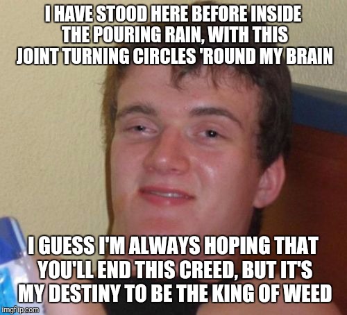 10 Guy Meme | I HAVE STOOD HERE BEFORE INSIDE THE POURING RAIN, WITH THIS JOINT TURNING CIRCLES 'ROUND MY BRAIN; I GUESS I'M ALWAYS HOPING THAT YOU'LL END THIS CREED, BUT IT'S MY DESTINY TO BE THE KING OF WEED | image tagged in memes,10 guy | made w/ Imgflip meme maker