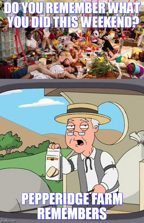 Pepperidge farm remembers your weekend | DO YOU REMEMBER WHAT YOU DID THIS WEEKEND? PEPPERIDGE FARM REMEMBERS | image tagged in pepperidge farm remembers,weekend,drunk,party,meme,funny memes | made w/ Imgflip meme maker