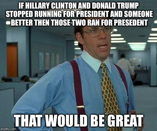 That would really be great | IF HILLARY CLINTON AND DONALD TRUMP STOPPED RUNNING FOR PRESIDENT AND SOMEONE BETTER THEN THOSE TWO RAN FOR PRESEDENT; THAT WOULD BE GREAT | image tagged in memes,that would be great,hillary clinton,donald trump,president | made w/ Imgflip meme maker