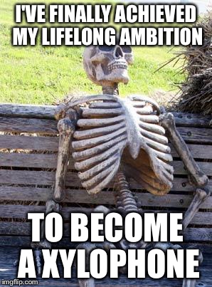 Waiting Skeleton | I'VE FINALLY ACHIEVED MY LIFELONG AMBITION; TO BECOME A XYLOPHONE | image tagged in memes,waiting skeleton | made w/ Imgflip meme maker
