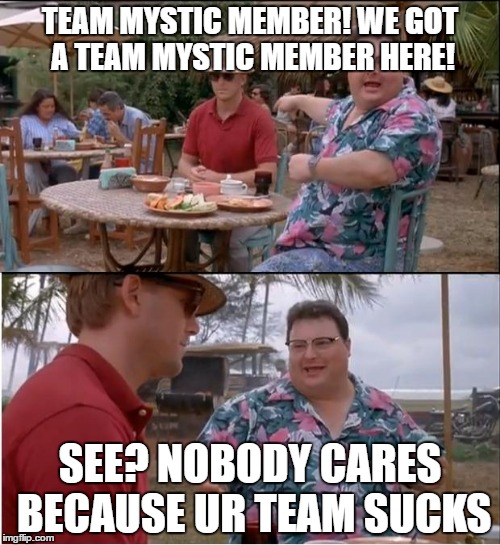 See Nobody Cares | TEAM MYSTIC MEMBER! WE GOT A TEAM MYSTIC MEMBER HERE! SEE? NOBODY CARES BECAUSE UR TEAM SUCKS | image tagged in memes,see nobody cares | made w/ Imgflip meme maker