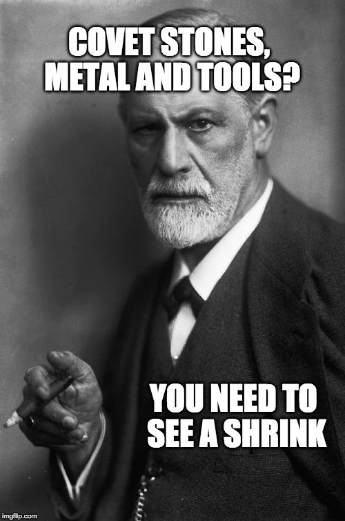 Sigmund Freud Meme | COVET STONES, METAL AND TOOLS? YOU NEED TO SEE A SHRINK | image tagged in memes,sigmund freud | made w/ Imgflip meme maker