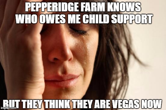 First World Problems Meme | PEPPERIDGE FARM KNOWS WHO OWES ME CHILD SUPPORT BUT THEY THINK THEY ARE VEGAS NOW | image tagged in memes,first world problems | made w/ Imgflip meme maker