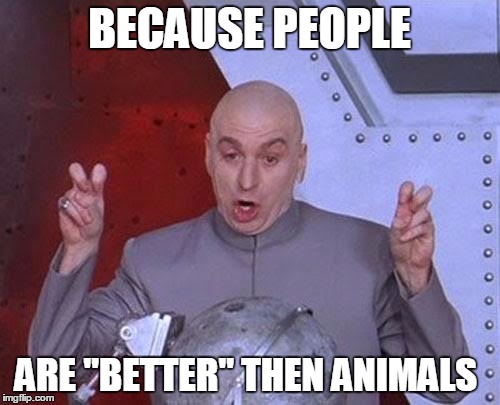 why people think there is nothing wrong with eating meat | BECAUSE PEOPLE; ARE "BETTER" THEN ANIMALS | image tagged in memes,dr evil laser,vegan,truth hurts,perspective,funny | made w/ Imgflip meme maker
