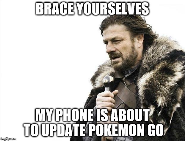 Brace Yourselves X is Coming Meme | BRACE YOURSELVES; MY PHONE IS ABOUT TO UPDATE POKEMON GO | image tagged in memes,brace yourselves x is coming | made w/ Imgflip meme maker