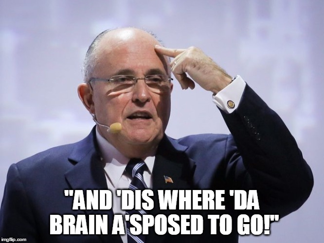 A message from Rudy... | "AND 'DIS WHERE 'DA BRAIN A'SPOSED TO GO!" | image tagged in political humor,humor,politics | made w/ Imgflip meme maker