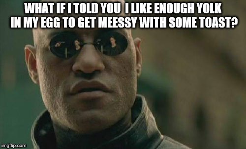 Matrix Morpheus Meme | WHAT IF I TOLD YOU  I LIKE ENOUGH YOLK IN MY EGG TO GET MEESSY WITH SOME TOAST? | image tagged in memes,matrix morpheus | made w/ Imgflip meme maker