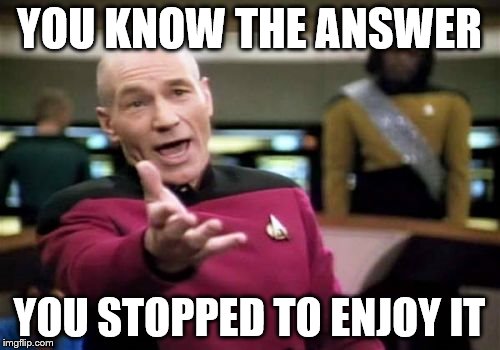 Picard Wtf Meme | YOU KNOW THE ANSWER YOU STOPPED TO ENJOY IT | image tagged in memes,picard wtf | made w/ Imgflip meme maker