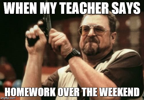 Am I The Only One Around Here | WHEN MY TEACHER SAYS; HOMEWORK OVER THE WEEKEND | image tagged in memes,am i the only one around here | made w/ Imgflip meme maker
