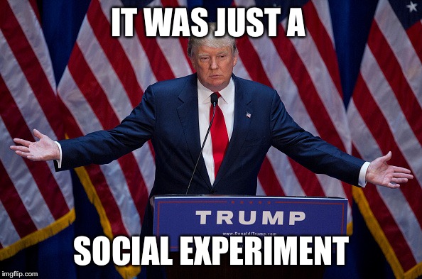 Donald Trump | IT WAS JUST A; SOCIAL EXPERIMENT | image tagged in donald trump,EnoughTrumpSpam | made w/ Imgflip meme maker