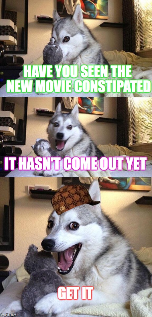 My first meme for his account | HAVE YOU SEEN THE NEW MOVIE CONSTIPATED; IT HASN'T COME OUT YET; GET IT | image tagged in memes,bad pun dog,scumbag,funny,meme maker,funny memes | made w/ Imgflip meme maker