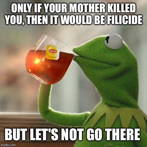 But That's None Of My Business Meme | ONLY IF YOUR MOTHER KILLED YOU, THEN IT WOULD BE FILICIDE BUT LET'S NOT GO THERE | image tagged in memes,but thats none of my business,kermit the frog | made w/ Imgflip meme maker