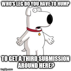 Family Guy Brian Meme | WHO'S LEG DO YOU HAVE TO HUMP; TO GET A THIRD SUBMISSION AROUND HERE? | image tagged in memes,family guy brian | made w/ Imgflip meme maker