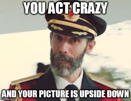 YOU ACT CRAZY AND YOUR PICTURE IS UPSIDE DOWN | image tagged in captain obvious | made w/ Imgflip meme maker